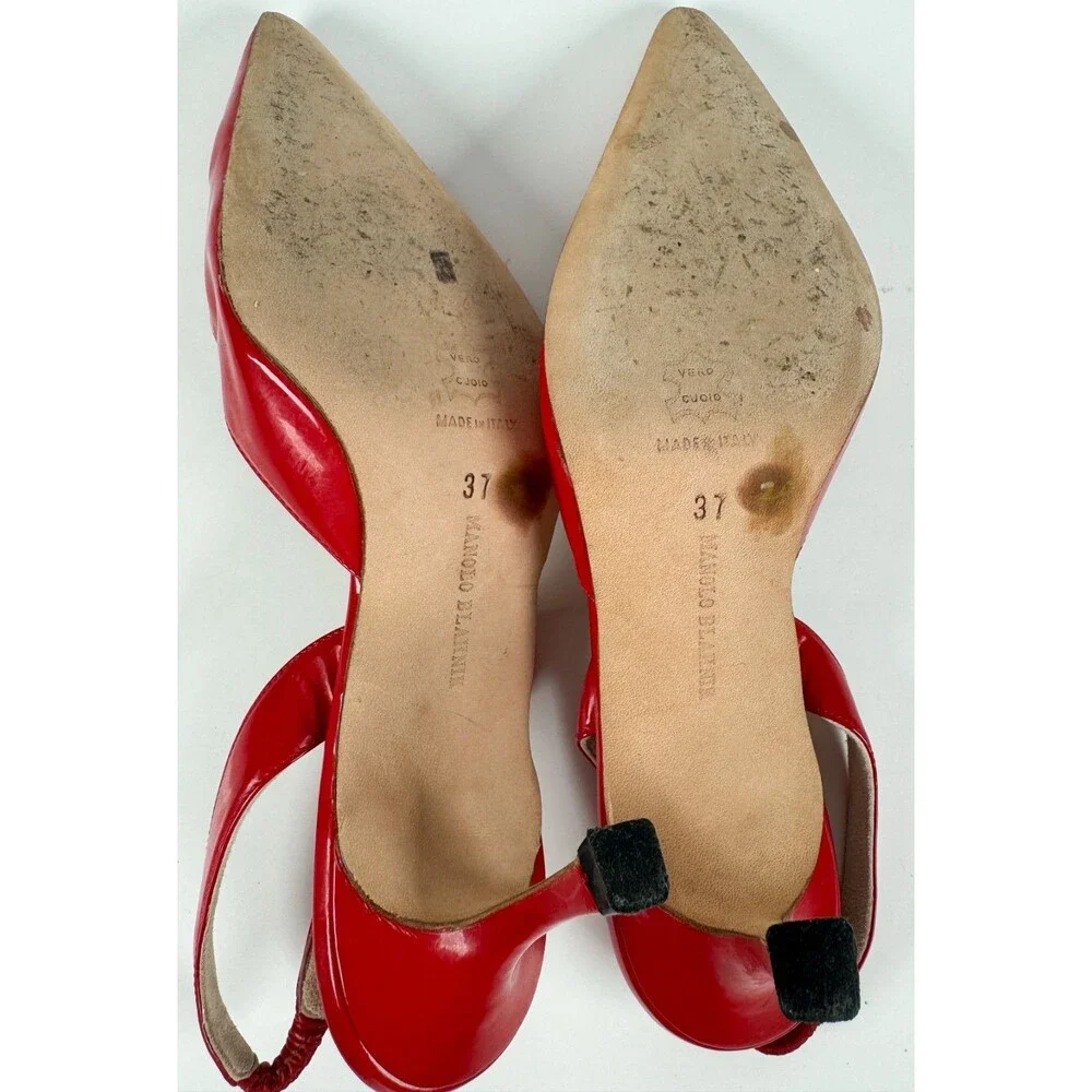Manolo Blahnik Carolyne Red Patent Leather Slingback Heels EU 37 US 7